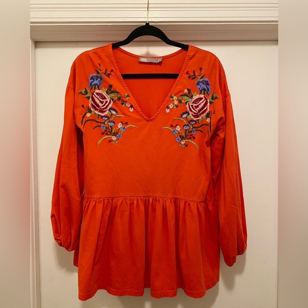 ASOS V Neck Floral Embroidered Red Peplum Top Women’s 6 Boho